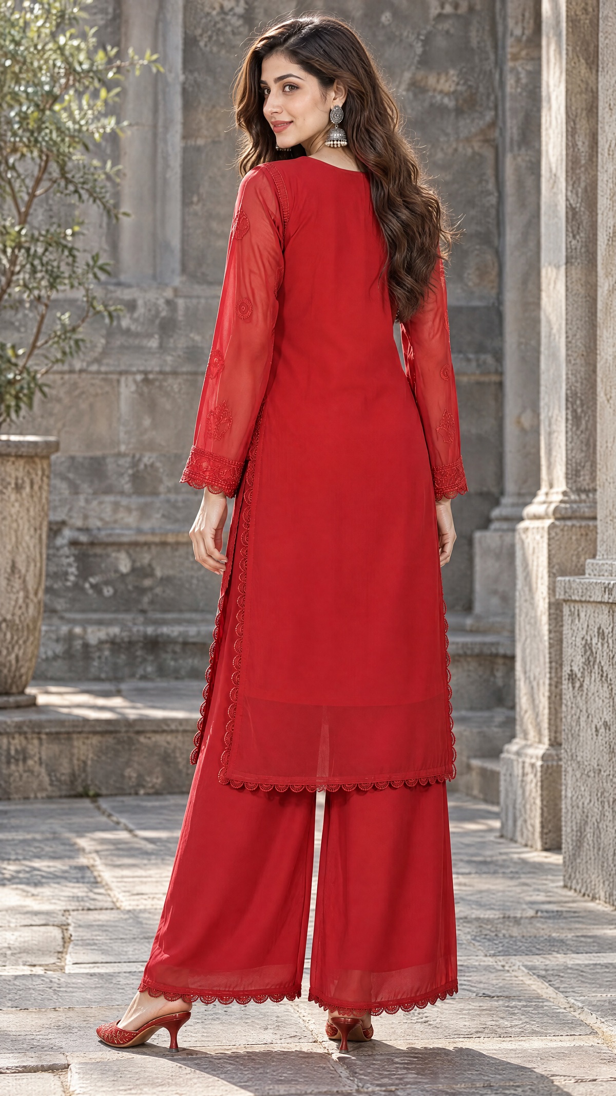 Rust Embroidered Georgette Pants With Matching Dupatta