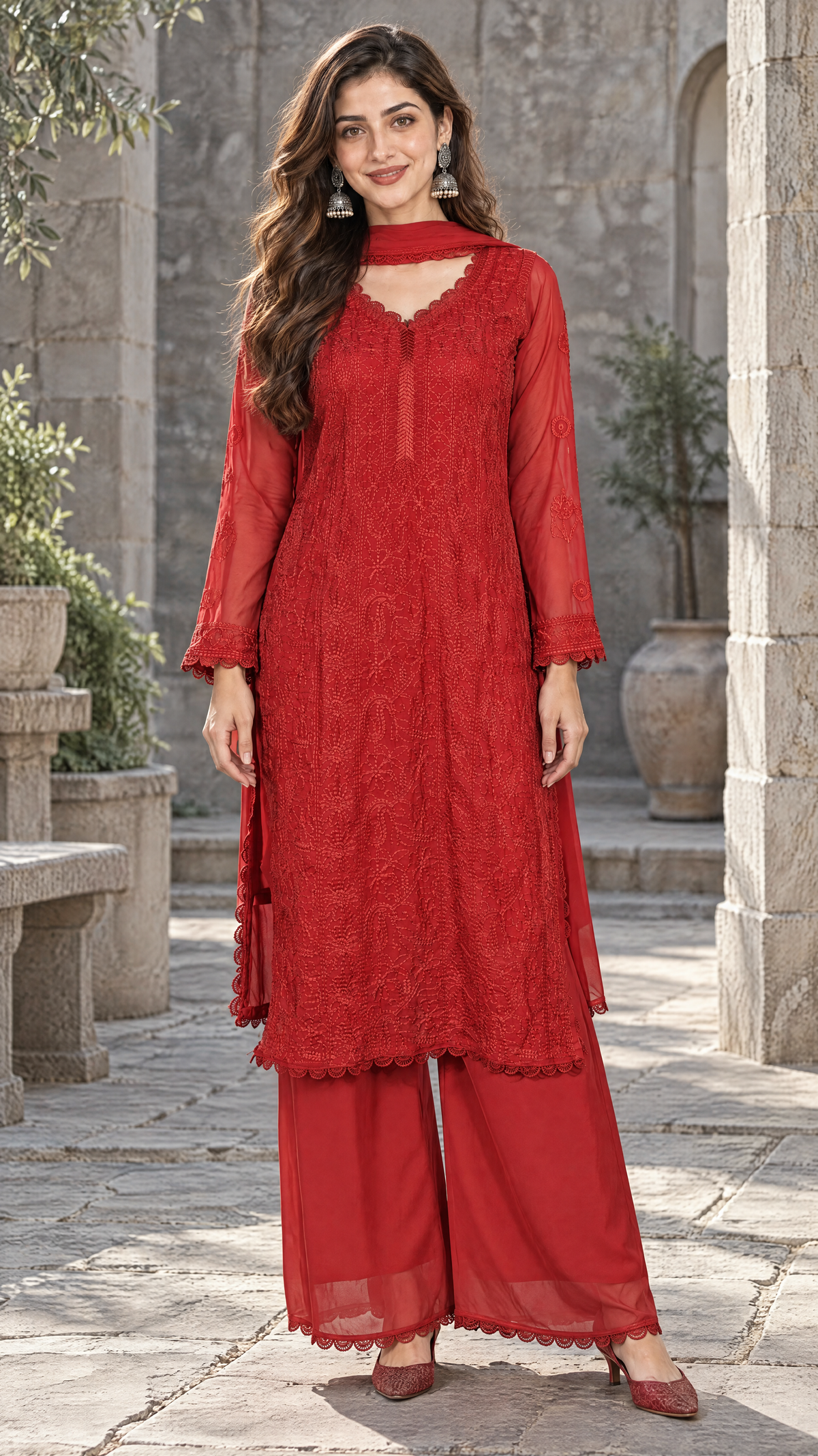 Rust Georgette Chikankari Kurta Pant Dupatta Set For Women Front View