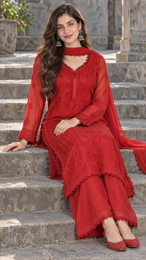 Rust Georgette Kurta With Floral Chikankari Embroidered Yoke