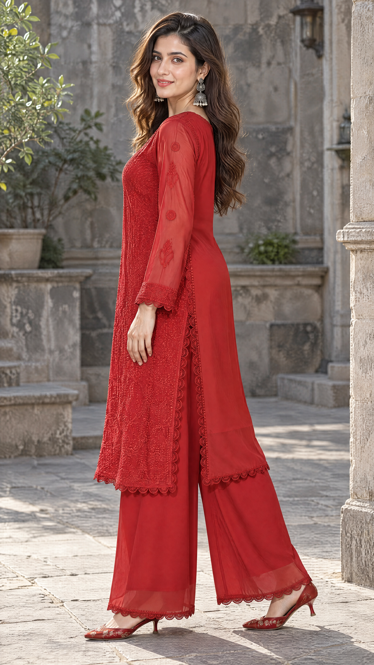 Rust Georgette Chikankari Kurta With Sheer 3/4 Sleeves