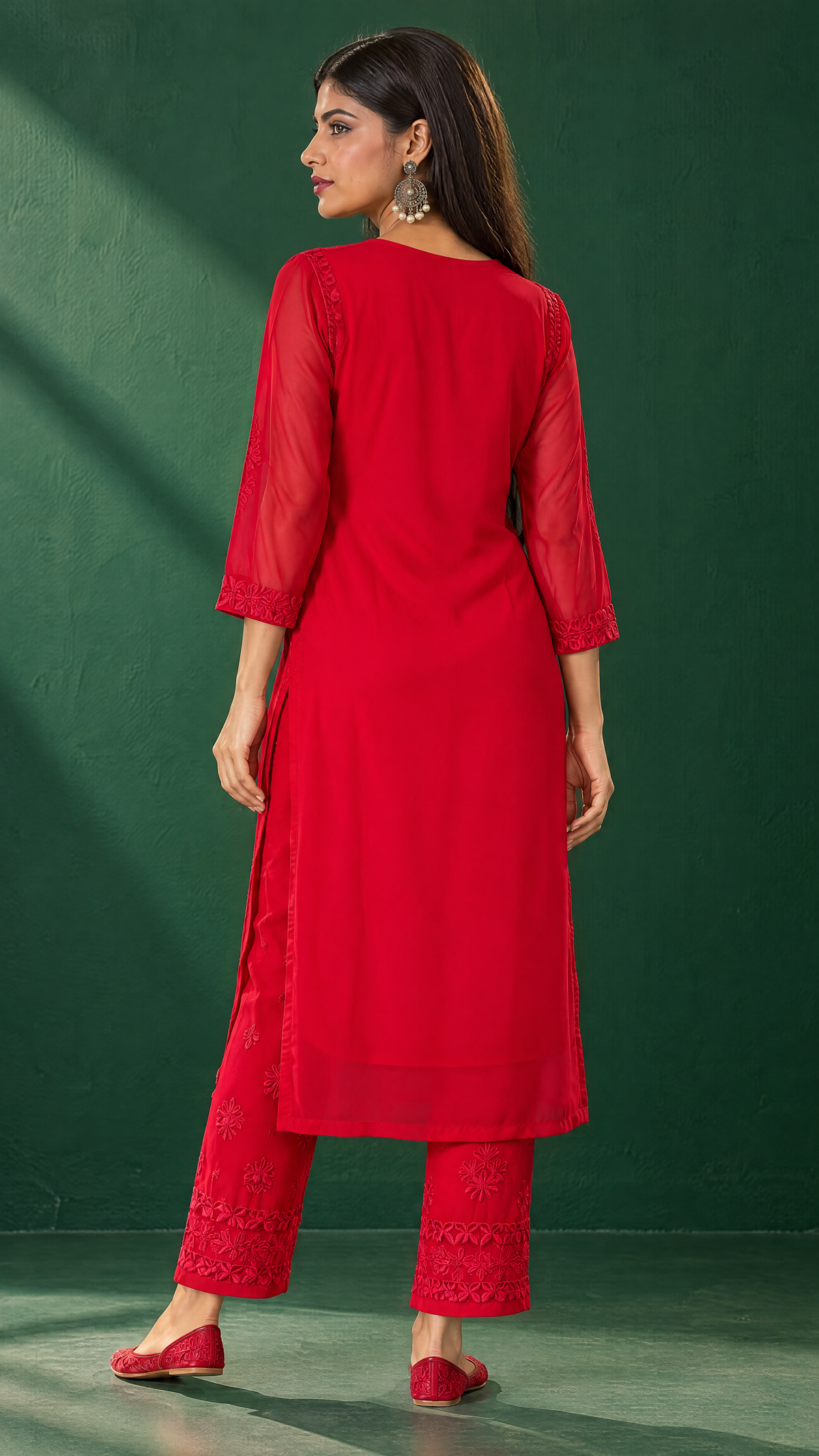 Magenta Embroidered Georgette Pants With Matching Dupatta