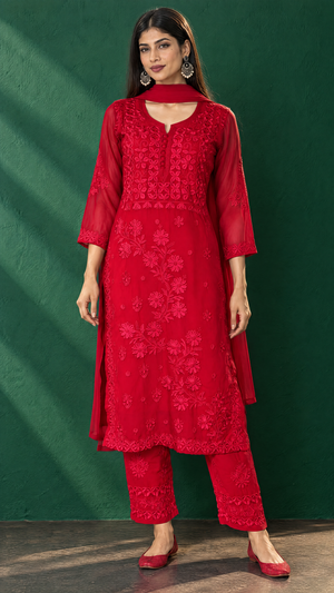 Magenta Georgette Chikankari Kurta Pant Dupatta Set For Women Front View