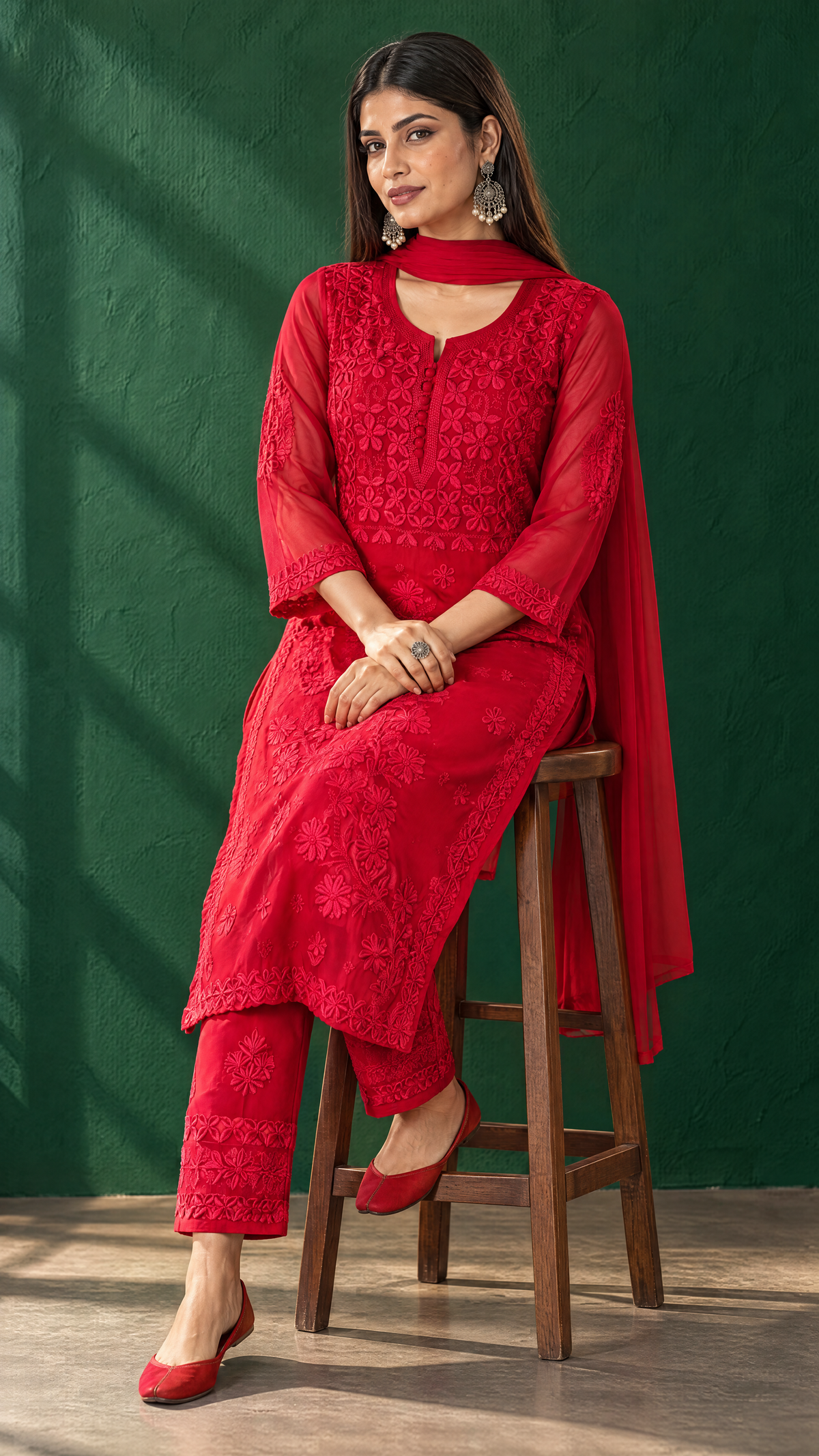 Magenta Georgette Chikankari Kurta With Sheer 3/4 Sleeves