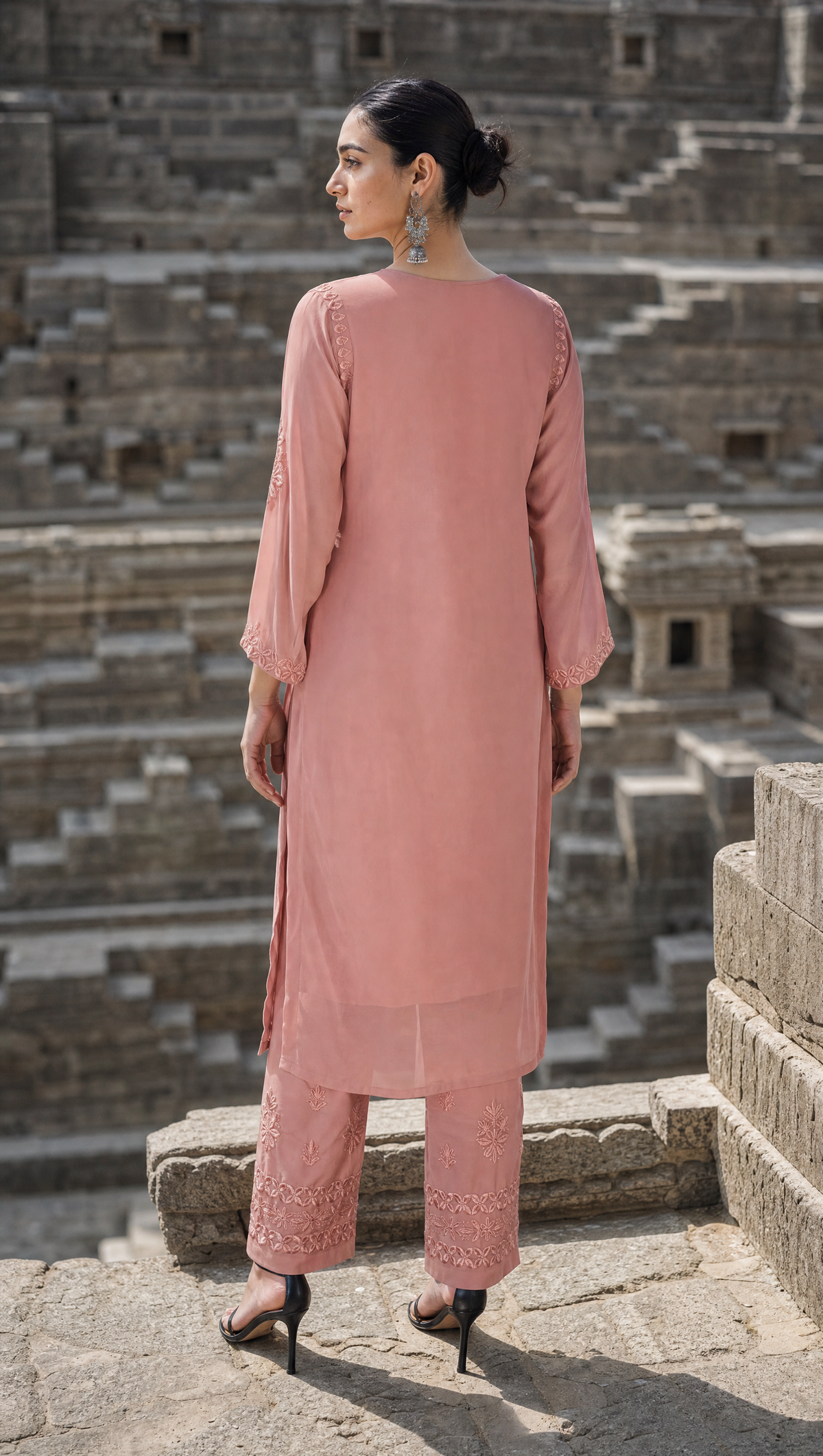Peach Embroidered Georgette Pants With Matching Dupatta