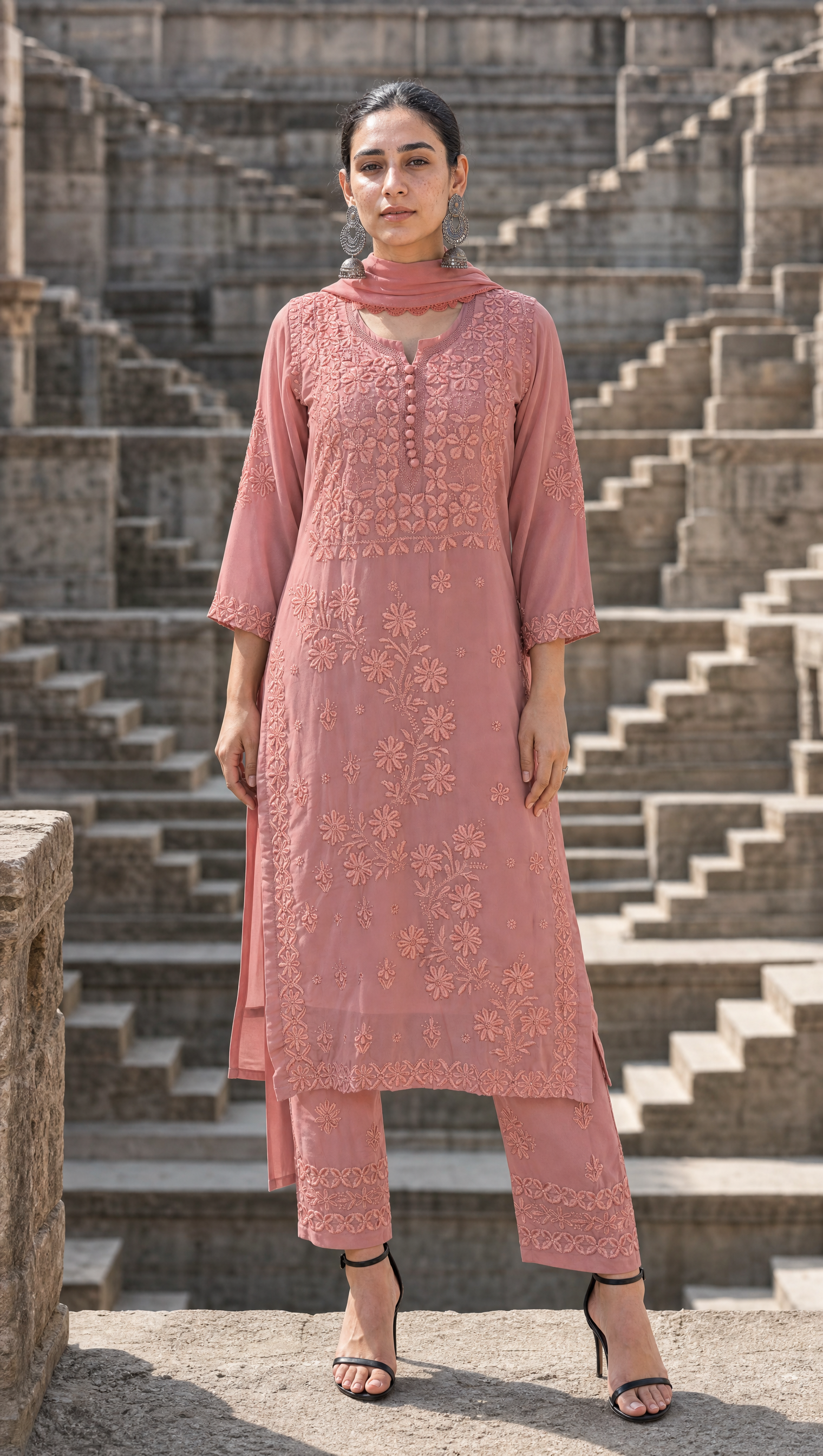 Peach Georgette Chikankari Kurta Pant Dupatta Set For Women Front View