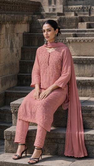 Peach Georgette Kurta With Floral Chikankari Embroidered Yoke