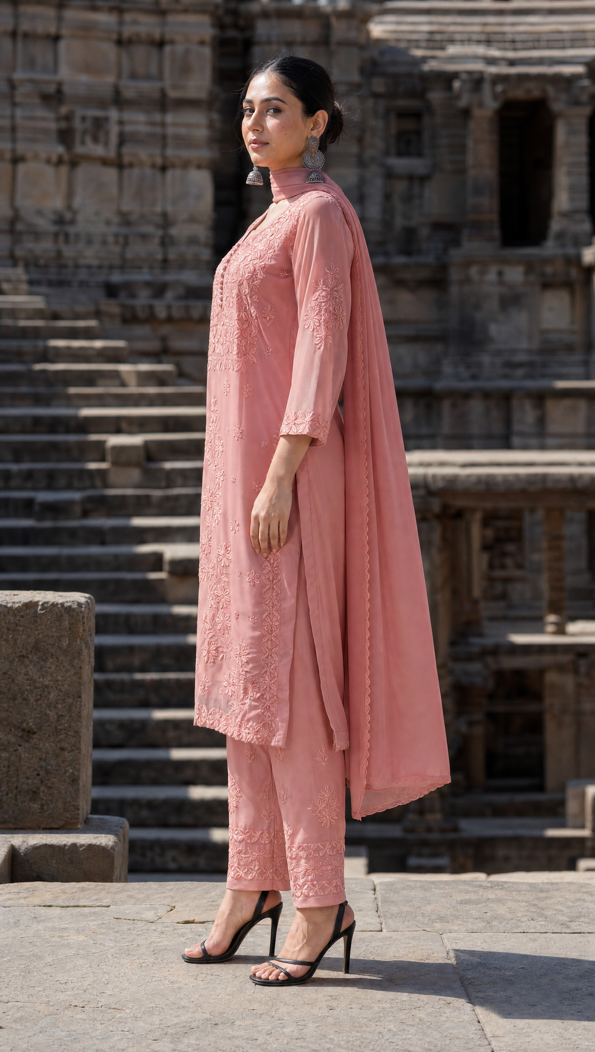 Peach Georgette Chikankari Kurta With Sheer 3/4 Sleeves