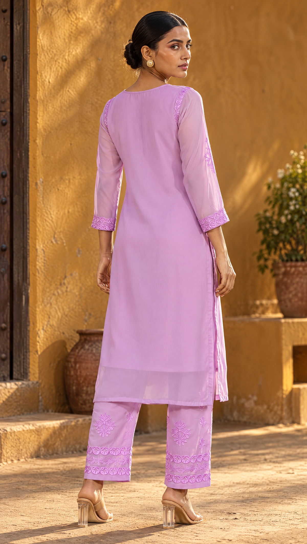 Purple Embroidered Georgette Pants With Matching Dupatta