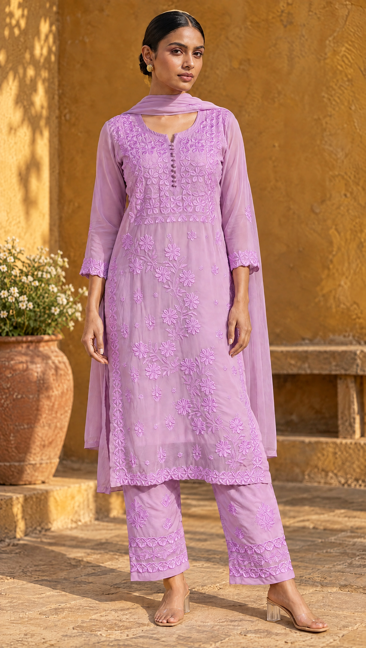 Purple Georgette Chikankari Kurta Pant Dupatta Set For Women Front View