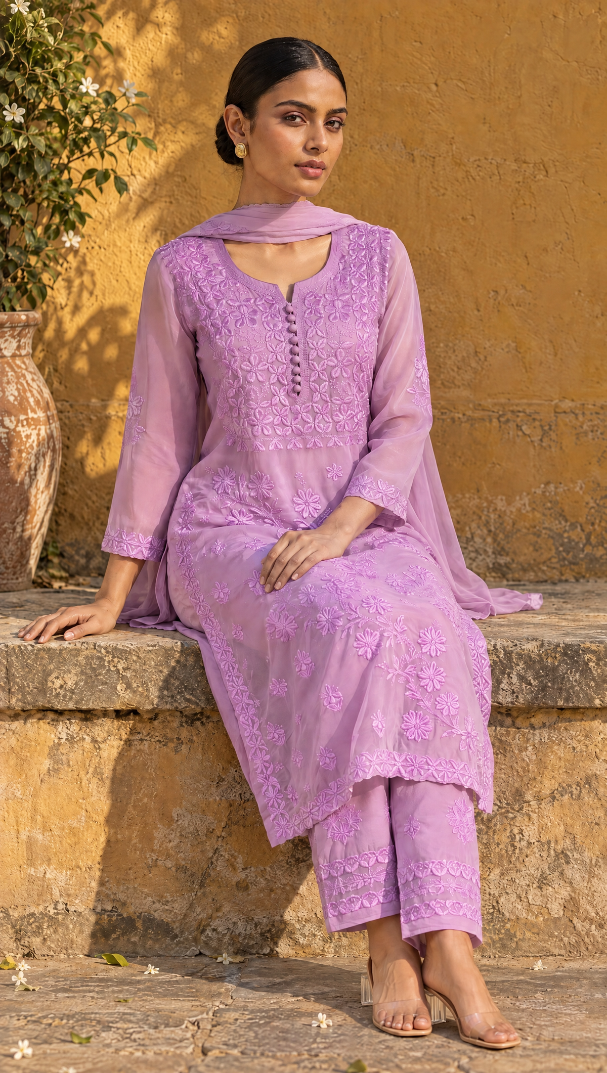 Purple Georgette Kurta With Floral Chikankari Embroidered Yoke