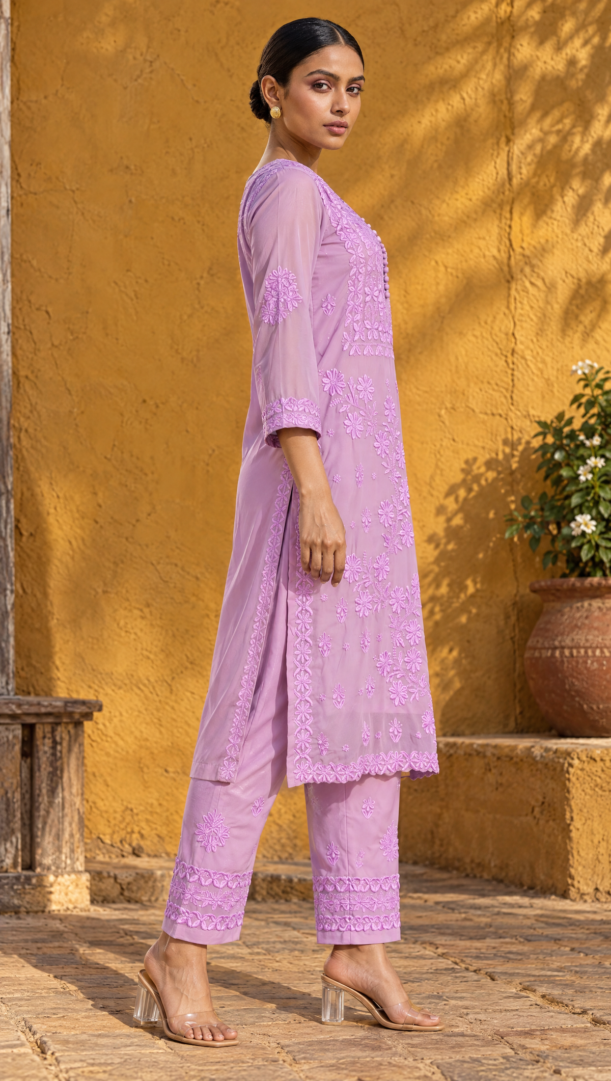 Purple Georgette Chikankari Kurta With Sheer 3/4 Sleeves