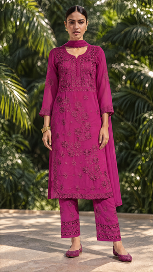 Wine Georgette Kurta With Floral Chikankari Embroidered Yoke