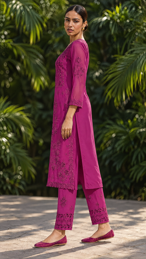 Wine Georgette Chikankari Kurta With Sheer 3/4 Sleeves