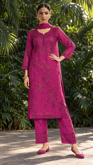Wine Georgette Chikankari Kurta Pant Dupatta Set For Women Front View