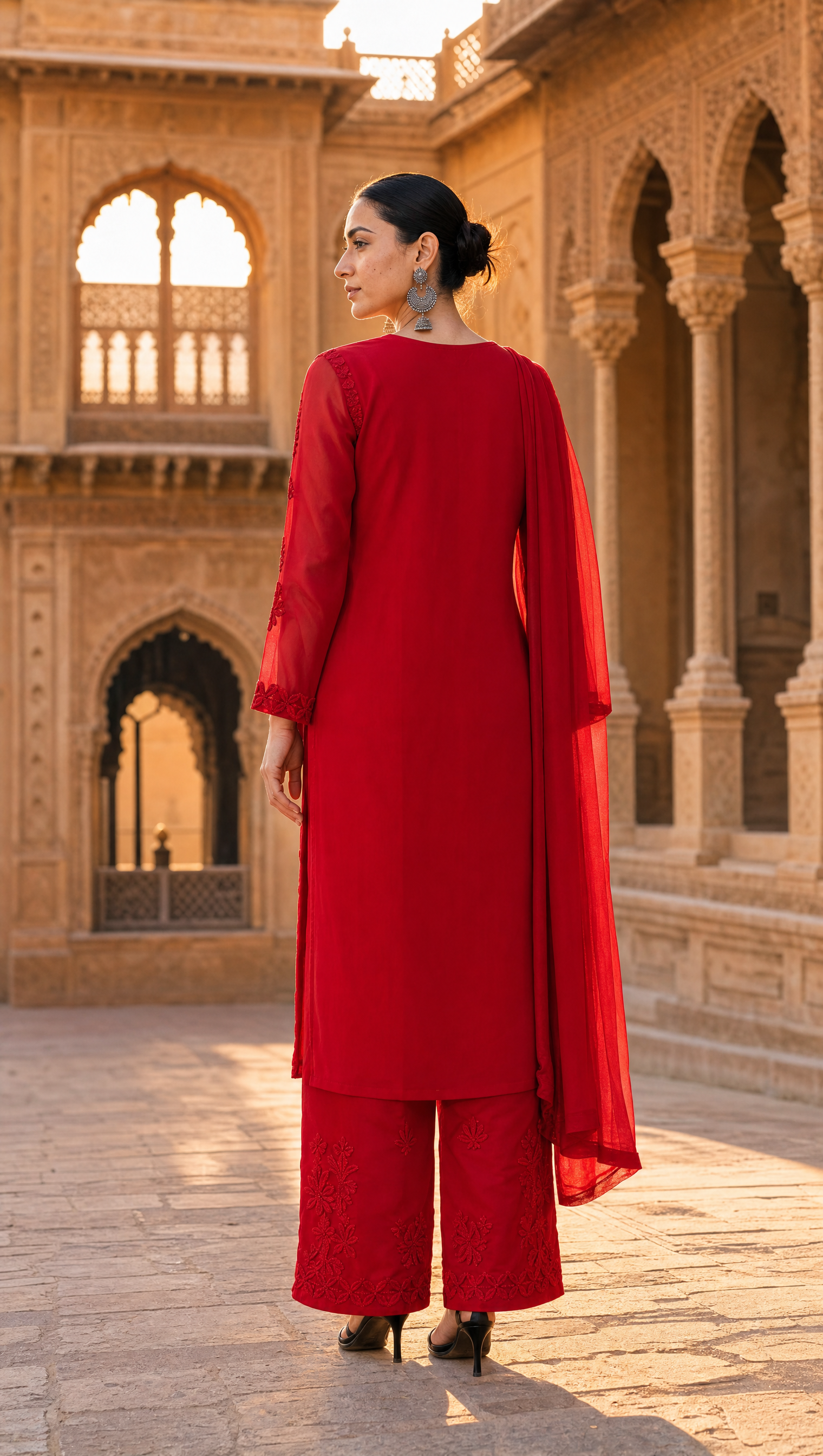 Ruby red georgette chikankari kurta pant dupatta set for women front view
