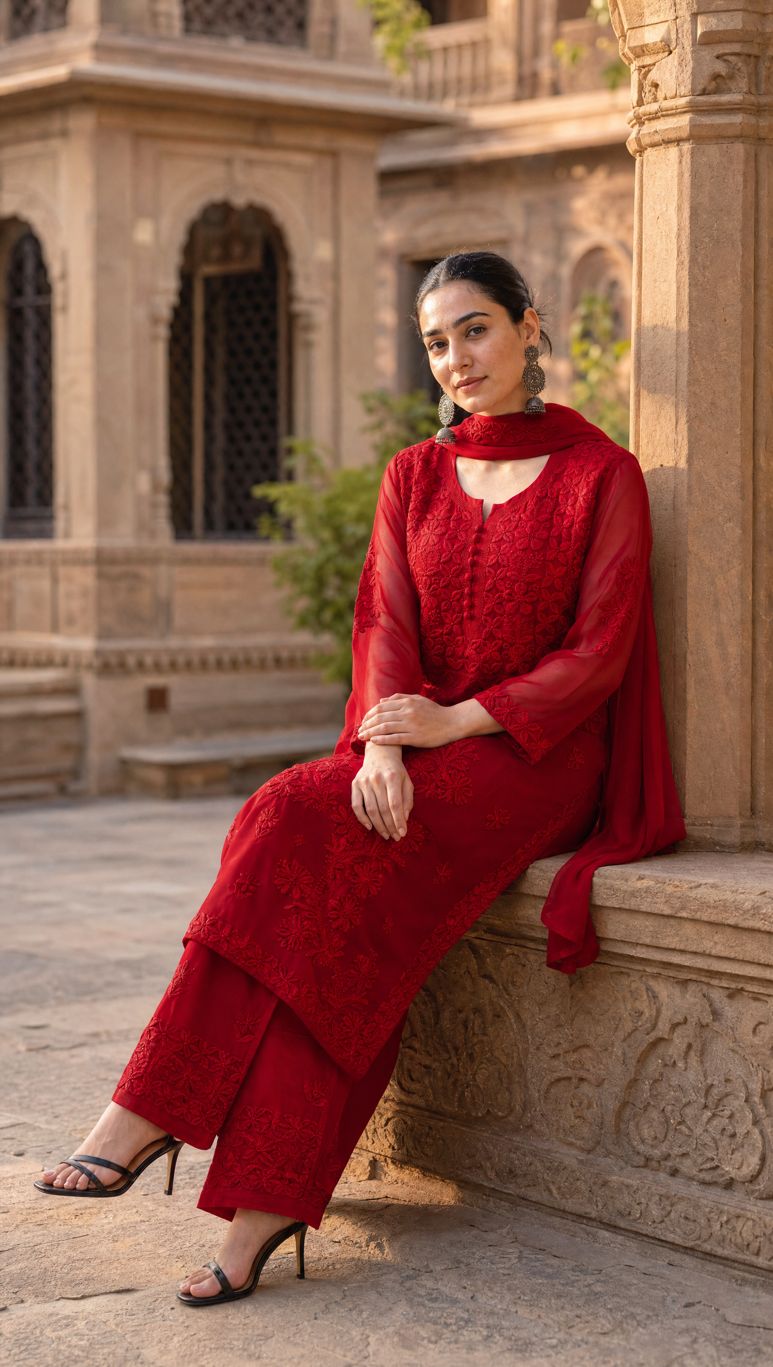 Ruby red georgette chikankari kurta with sheer 3/4 sleeves