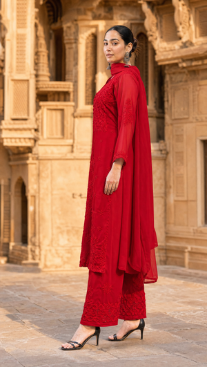 Ruby red embroidered georgette pants with matching dupatta