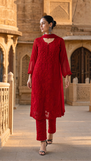 Ruby red georgette chikankari kurta pant dupatta set for women front view