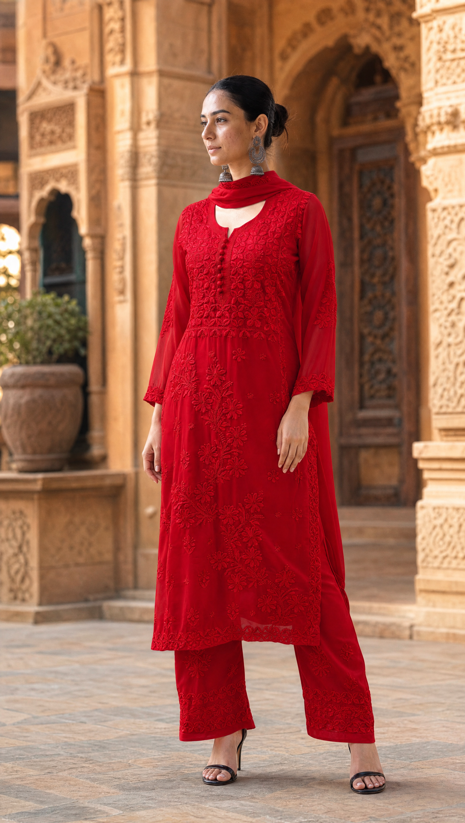 Ruby red georgette kurta with floral chikankari embroidered yoke