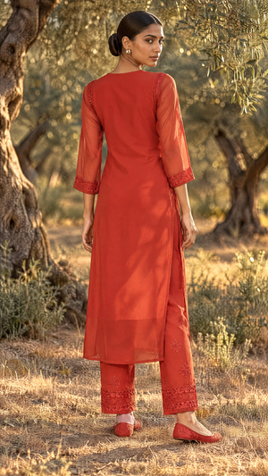 Rust Embroidered Georgette Pants With Matching Dupatta