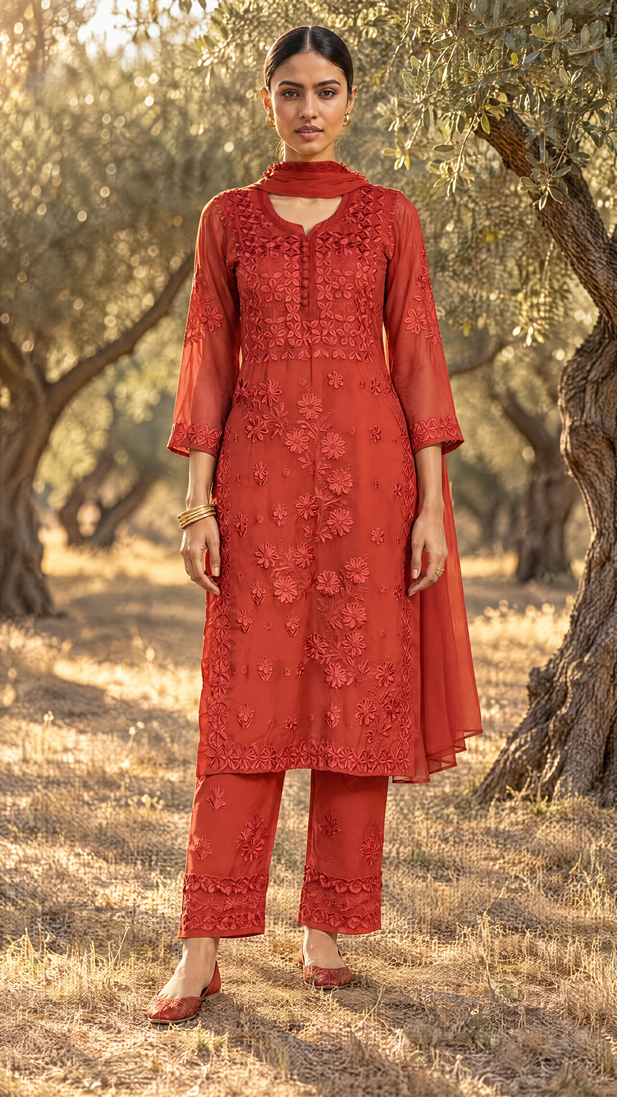 Rust Georgette Chikankari Kurta Pant Dupatta Set For Women Front View