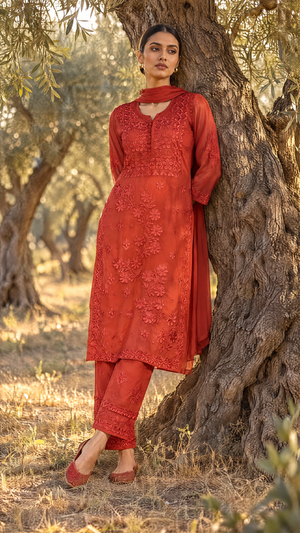 Rust Georgette Kurta With Floral Chikankari Embroidered Yoke