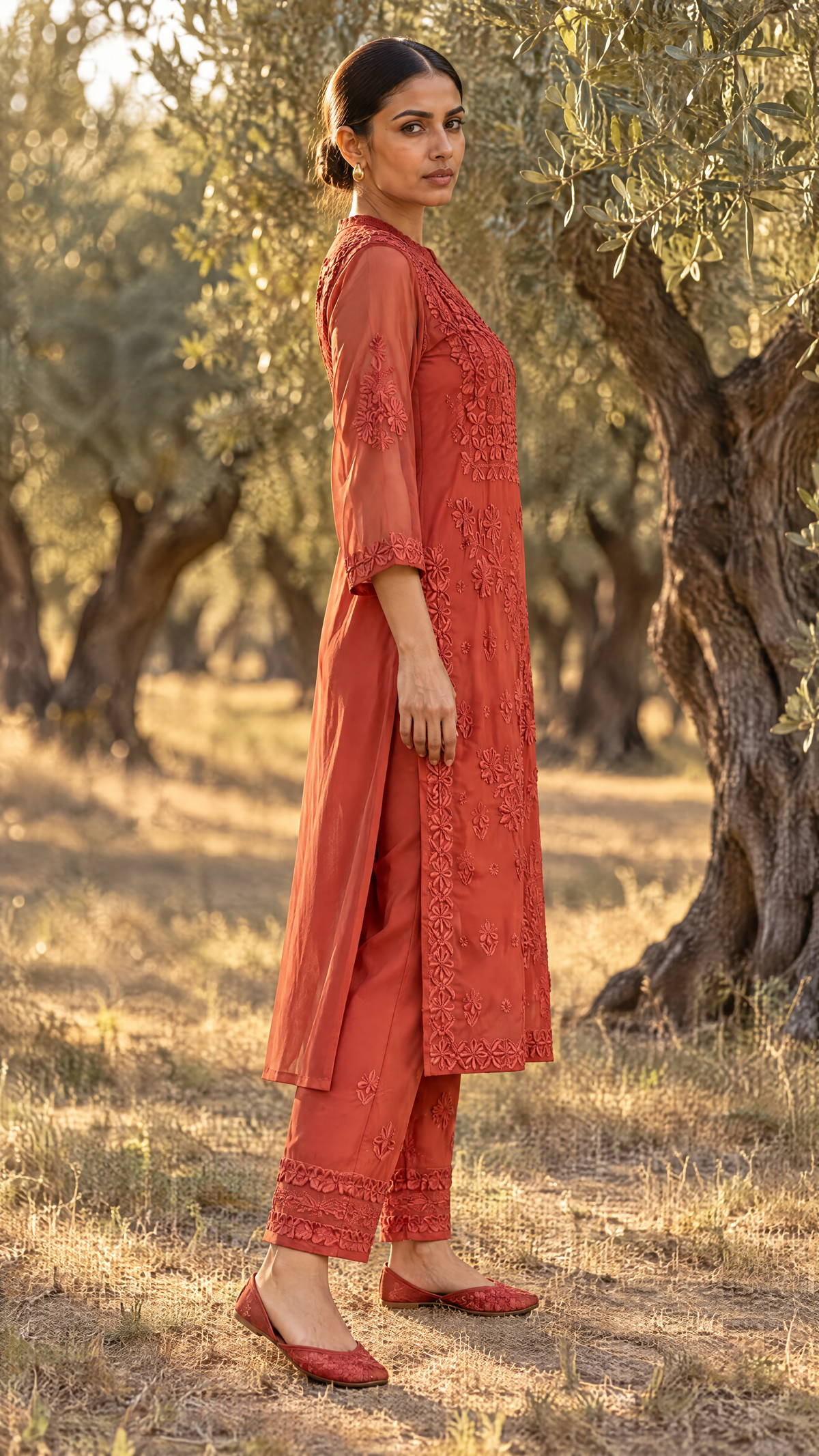 Rust Georgette Chikankari Kurta With Sheer 3/4 Sleeves