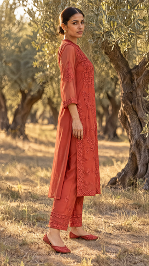 Rust Georgette Chikankari Kurta With Sheer 3/4 Sleeves