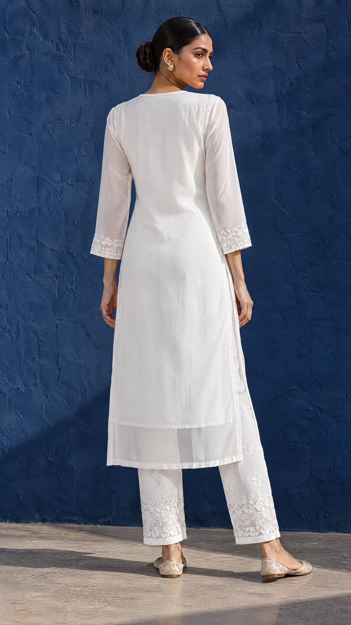 White Embroidered Georgette Pants With Matching Dupatta