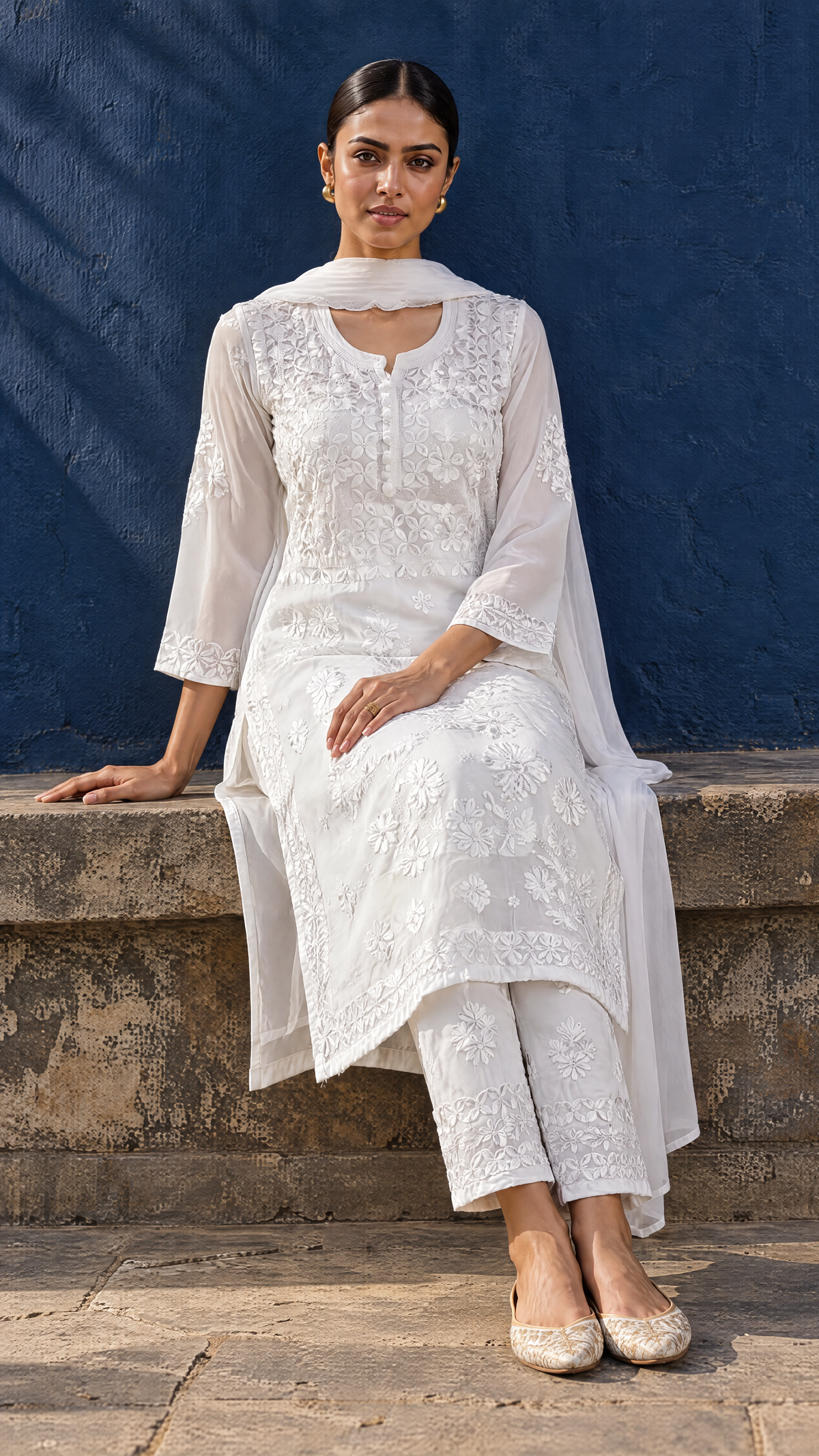 White Georgette Chikankari Kurta With Sheer 3/4 Sleeves