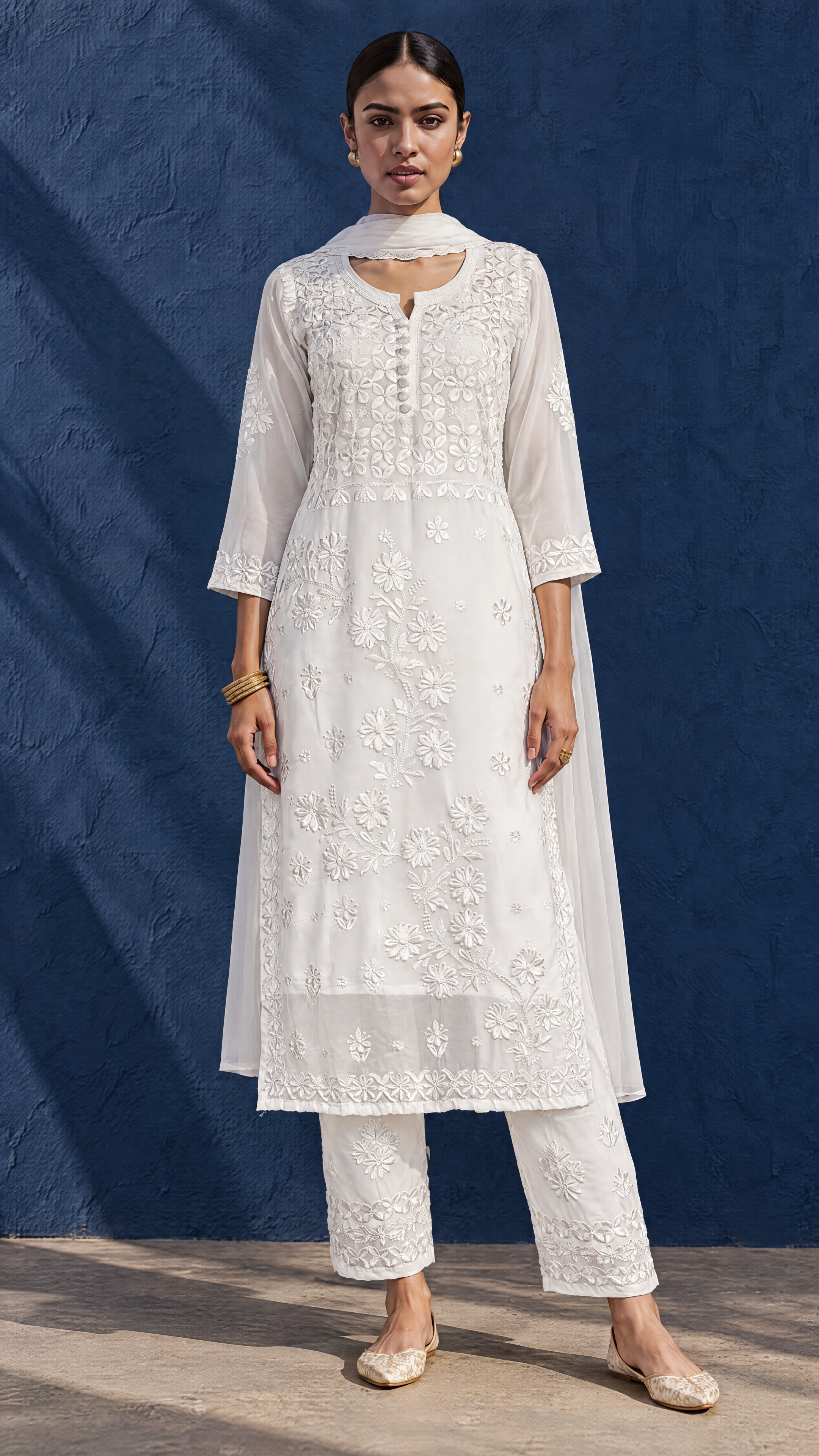 White Georgette Chikankari Kurta Pant Dupatta Set For Women Front View