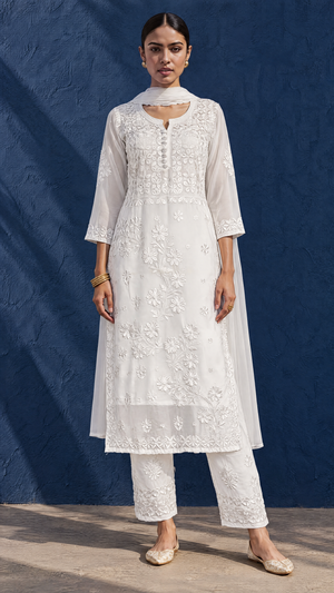 White Georgette Chikankari Kurta Pant Dupatta Set For Women Front View