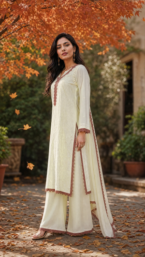 Ivory georgette chikankari kurta with 3/4 sheer sleeves and lace-trimmed cuffs