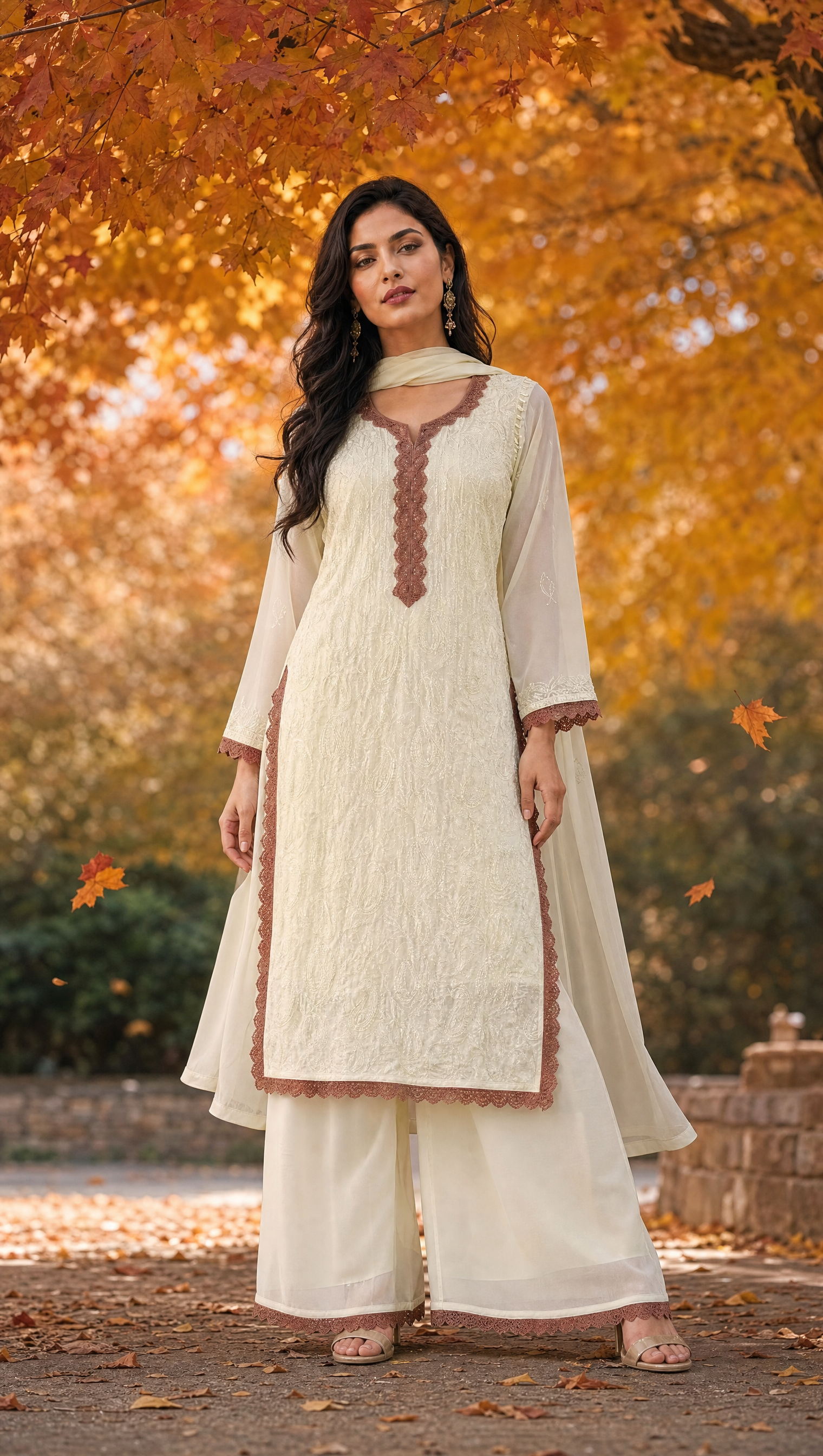 Ivory georgette chikankari kurta palazzo dupatta set for women front view