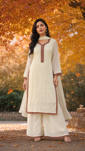 Ivory georgette chikankari kurta palazzo dupatta set for women front view