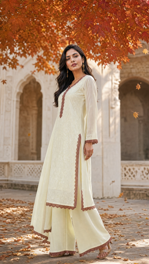 Ivory georgette embroidered palazzo with matching dupatta and contrast lace border