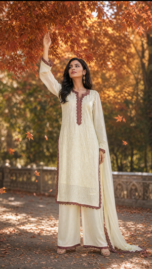 Ivory georgette kurta with chikankari embroidery and contrast brown lace neckline