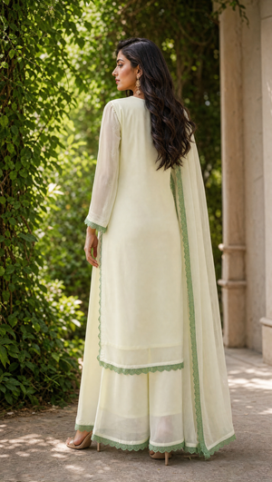 Ivory green georgette embroidered palazzo with matching dupatta and contrast lace border