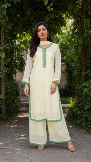 Ivory green georgette chikankari kurta palazzo dupatta set for women front view
