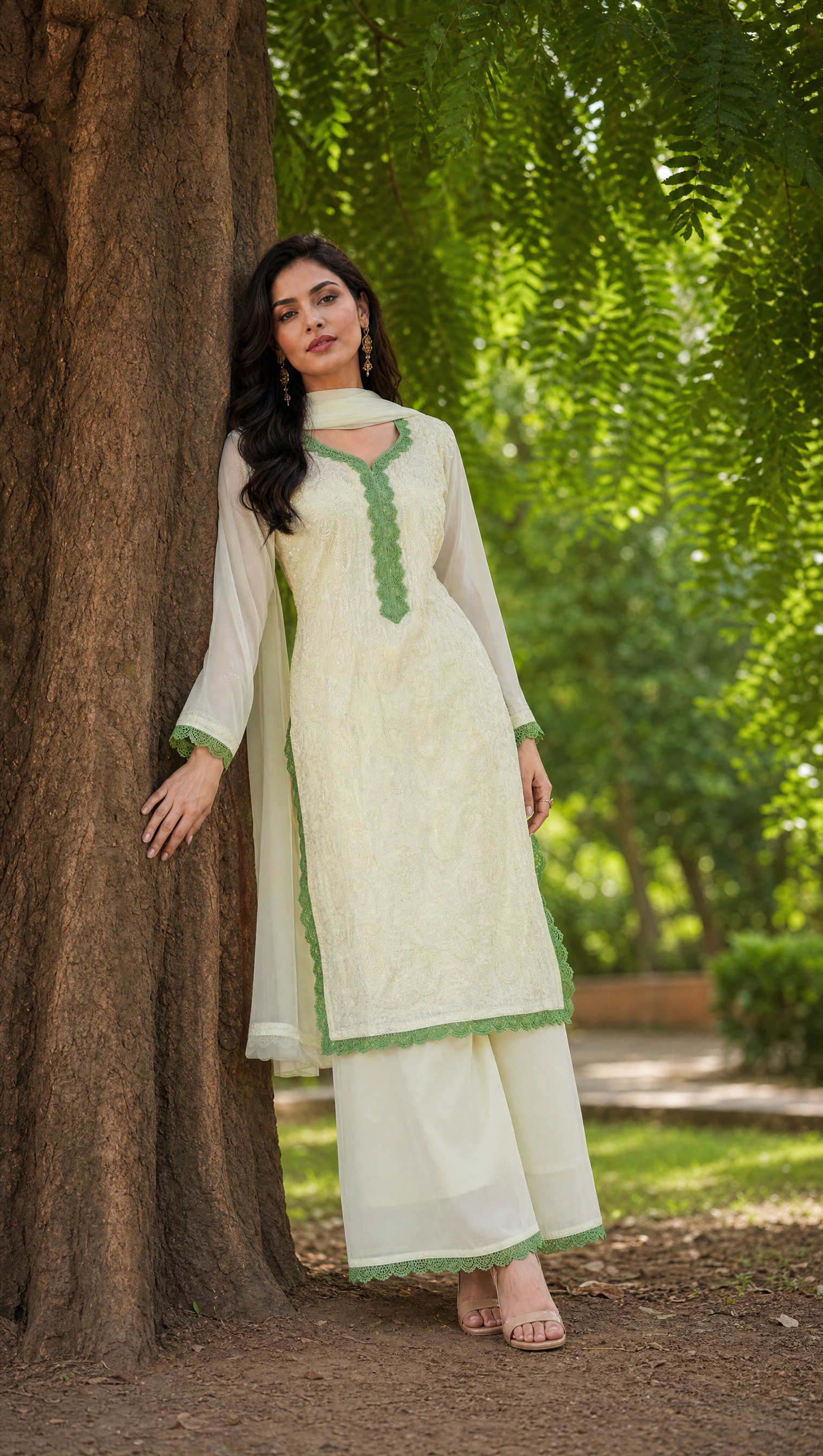 Ivory green georgette kurta with chikankari embroidery and contrast brown lace neckline