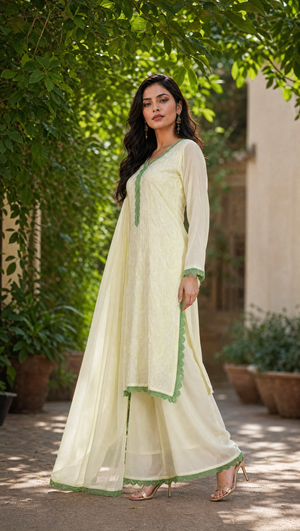 Ivory green georgette chikankari kurta with 3/4 sheer sleeves and lace-trimmed cuffs