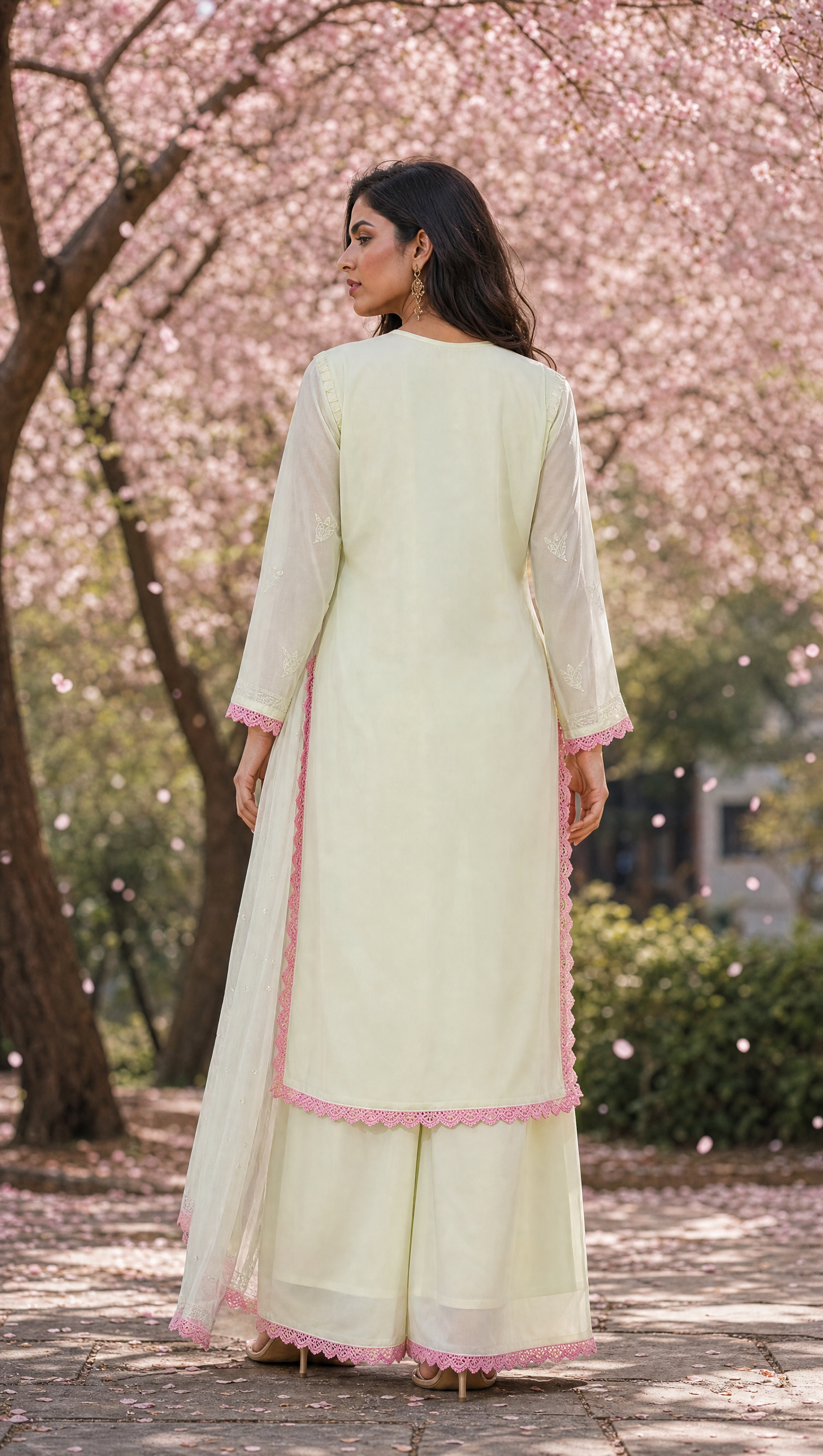 Ivory pink georgette embroidered palazzo with matching dupatta and contrast lace border