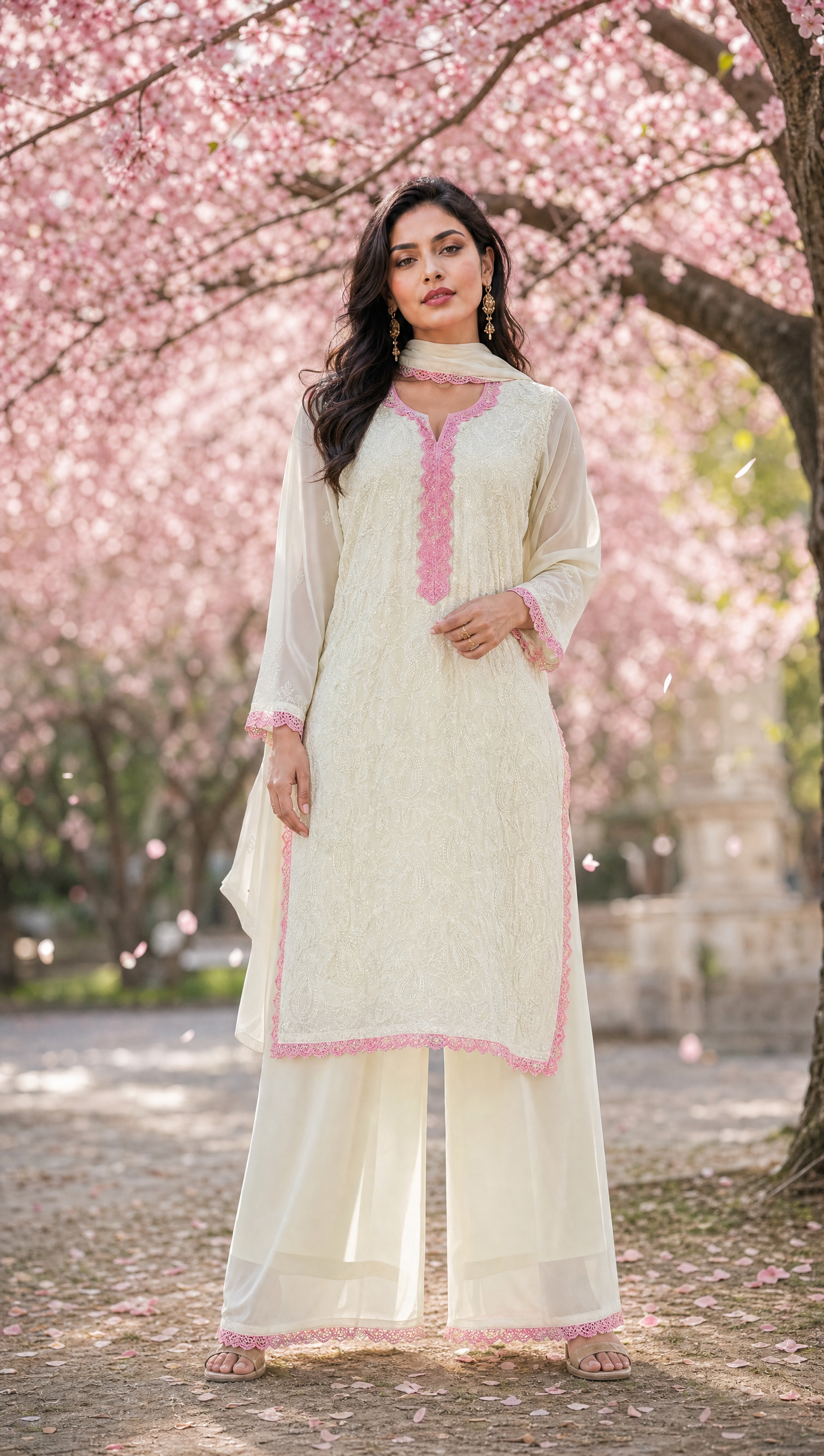 Ivory pink georgette chikankari kurta palazzo dupatta set for women front view