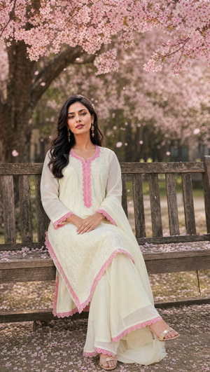Ivory pink georgette kurta with chikankari embroidery and contrast brown lace neckline