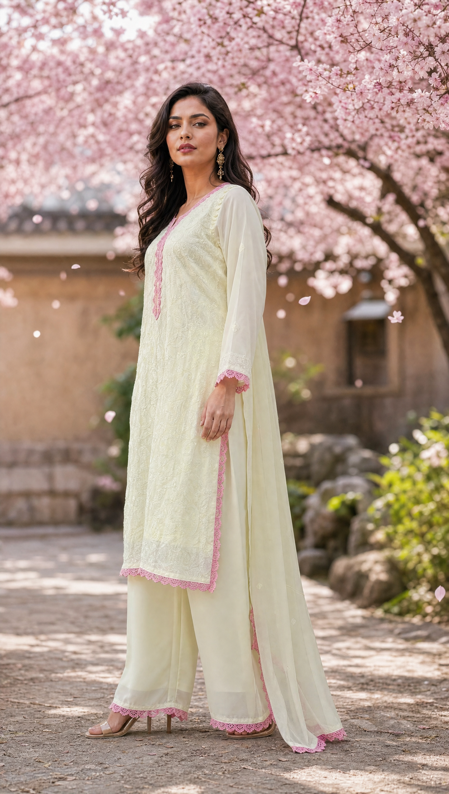 Ivory pink georgette chikankari kurta with 3/4 sheer sleeves and lace-trimmed cuffs