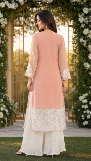 Peach georgette Pakistani kurta with thread work and sequin detailing