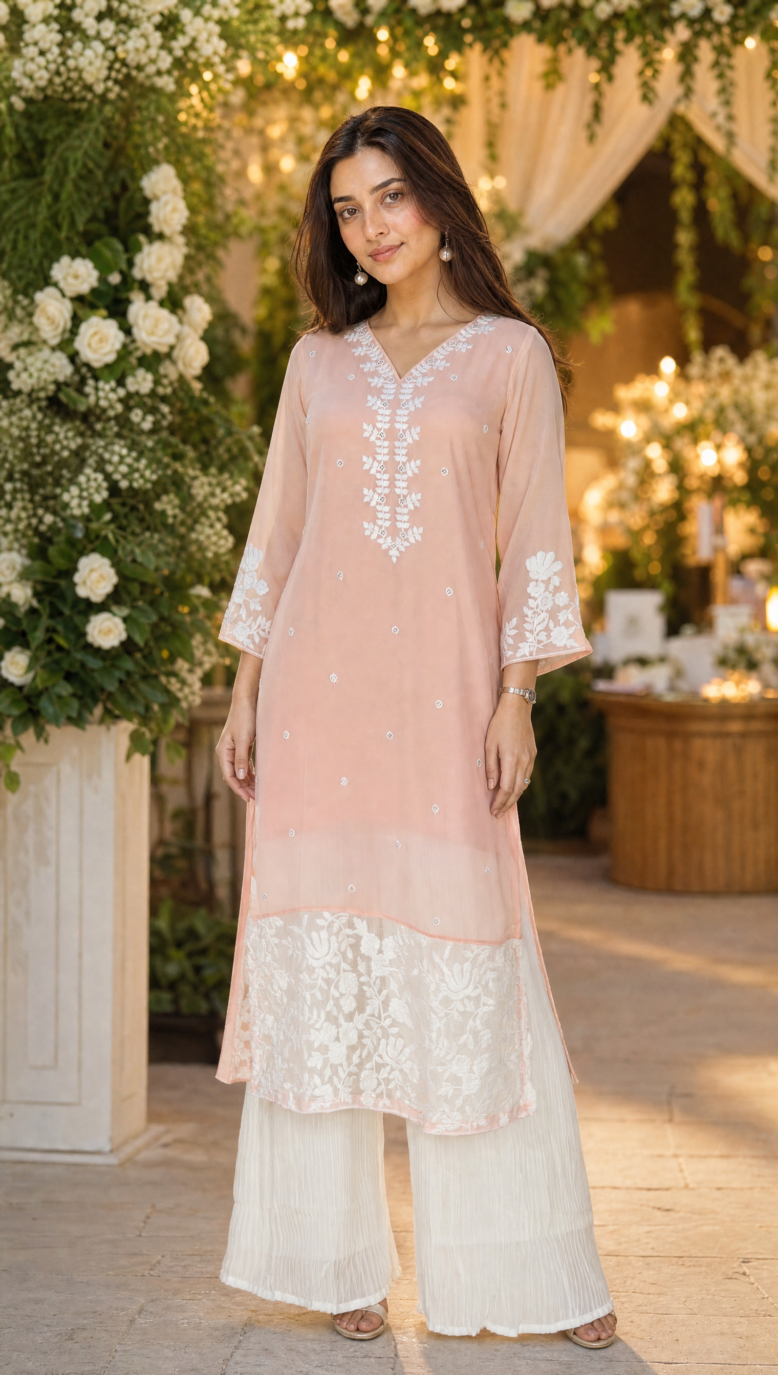 Peach Pakistani kurta set with embroidered palazzo and dupatta
