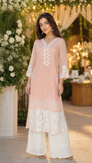 Peach Pakistani kurta set with embroidered palazzo and dupatta