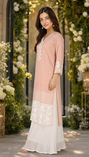 Peach georgette thread work Pakistani kurta palazzo dupatta set for women