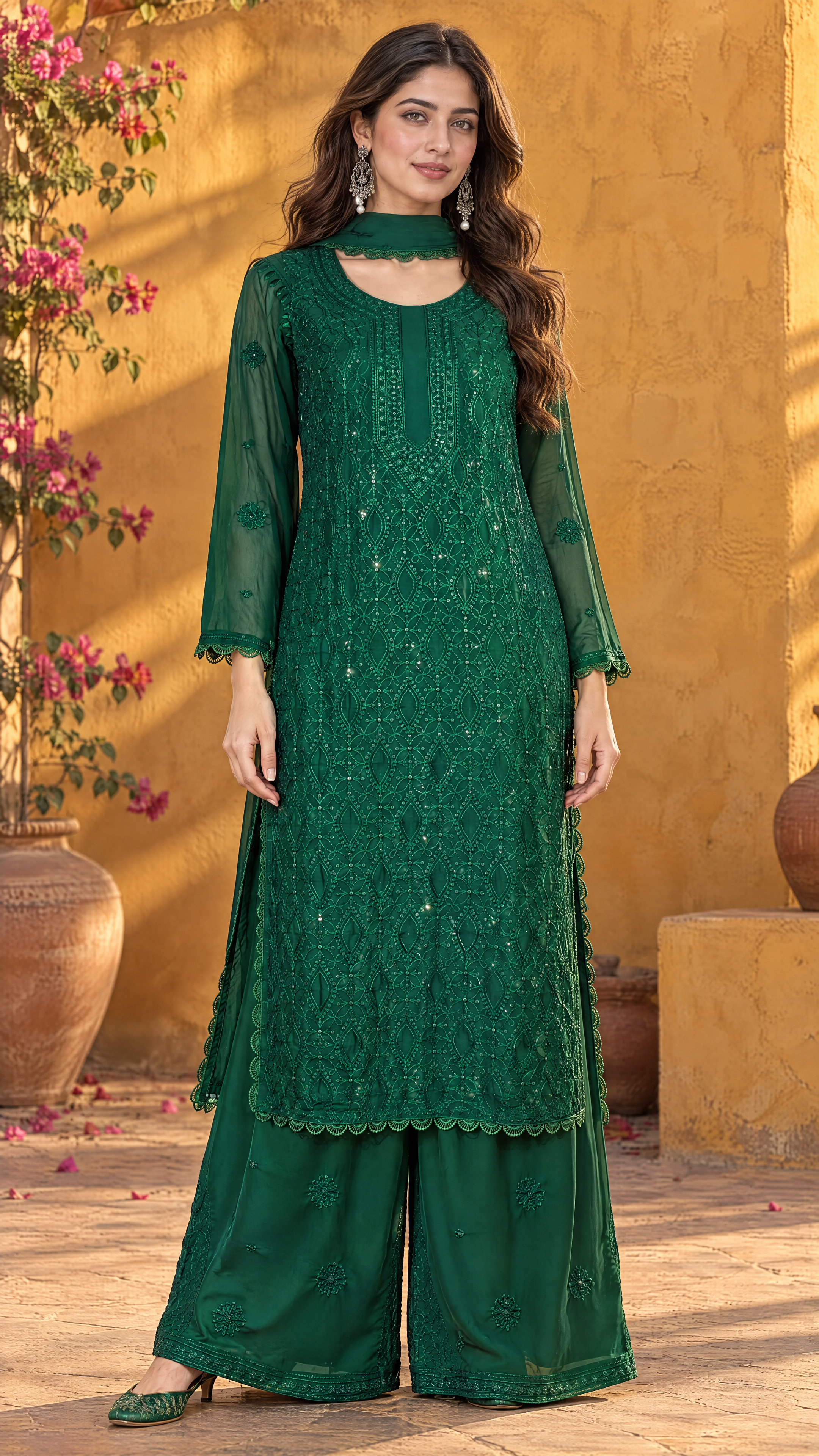 Green Georgette Chikankari Kurta Palazzo Dupatta Set for Women
